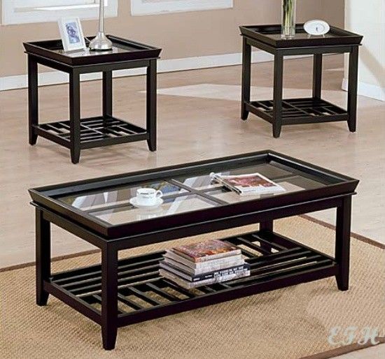 3PC AVA GLASS TOP ESPRESSO WOOD COFFEE END TABLE SET eBay