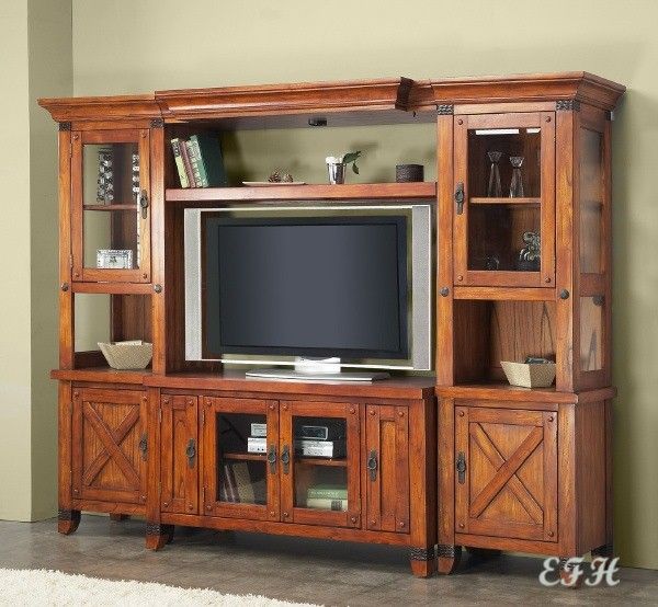 MISSION RUSTIC OAK WOOD WALL UNIT ENTERTAINMENT CENTER