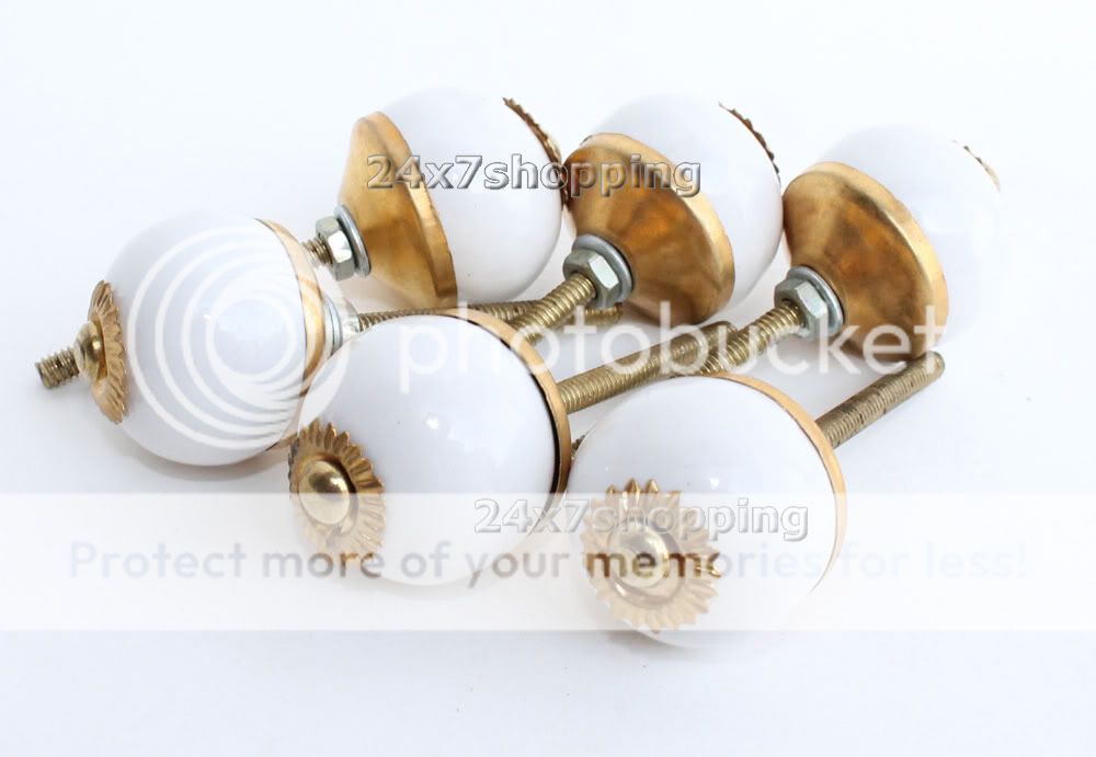 Set 6 Hand Painted White Ceramic cabinet Brass Knob~New  