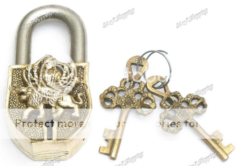 Vintage Brass Padlock Durga On Lion Om Hindu God 2 Keys  