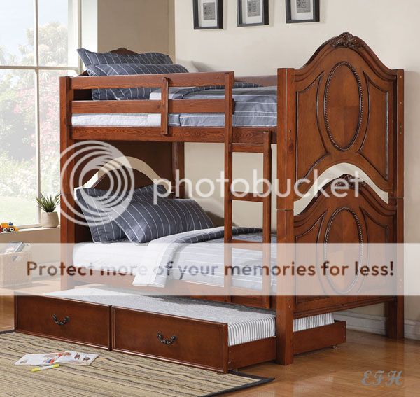 New Classique Cherry Finish Wood Twin Twin Bunk Bed w Under Bed Trundle