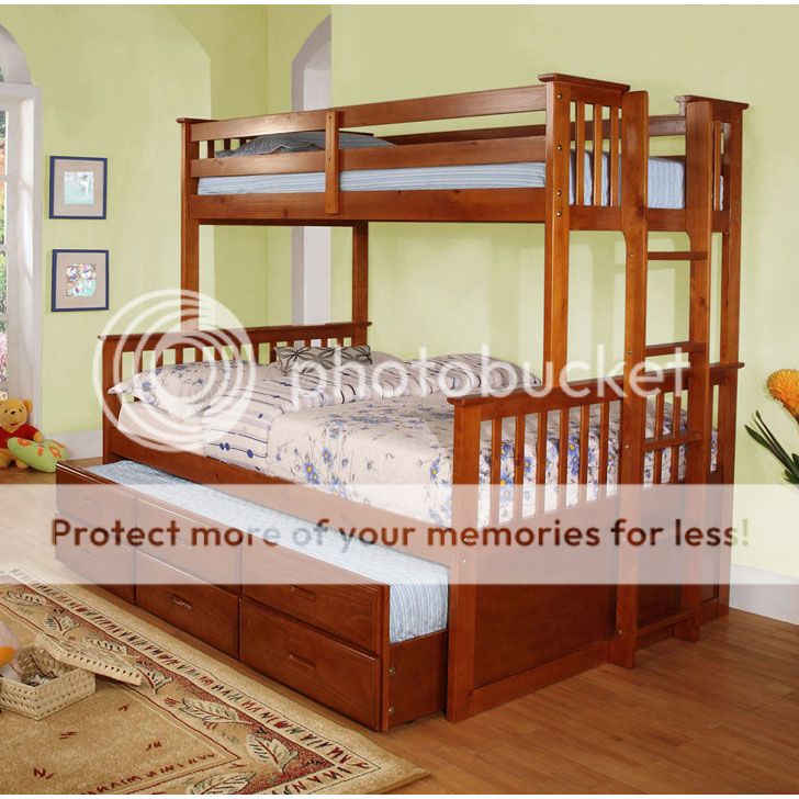 University Oak Twin Full Wood Bunk Bed Trundle Drawers
