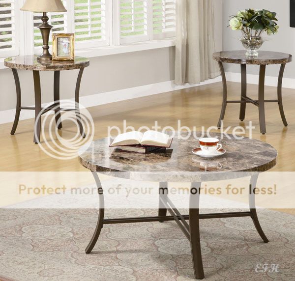 3PC COLBY FAUX MARBLE TOP PEWTER METAL COFFEE TABLE SET  