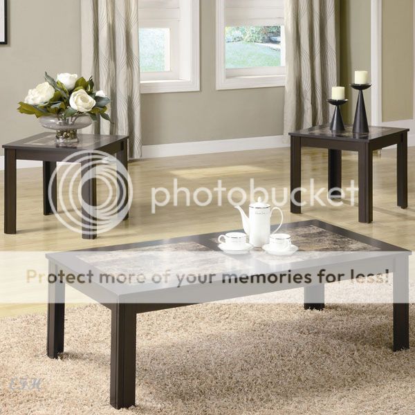 BELKIN FAUX MARBLE TOP BROWN WOOD COFFEE END TABLE SET  