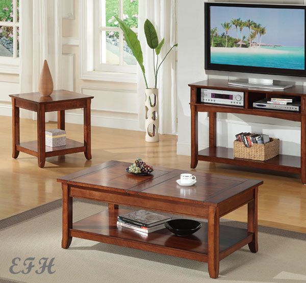 New 3pc Harvey Rustic Medium Brown Oak Finish Wood Storage Coffee End Table Set