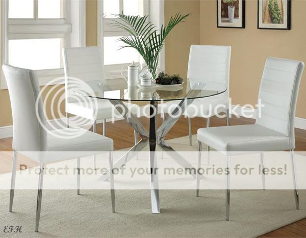New 5pc Vince Contemporary Round Glass Chrome Finish Metal Dining Table Set