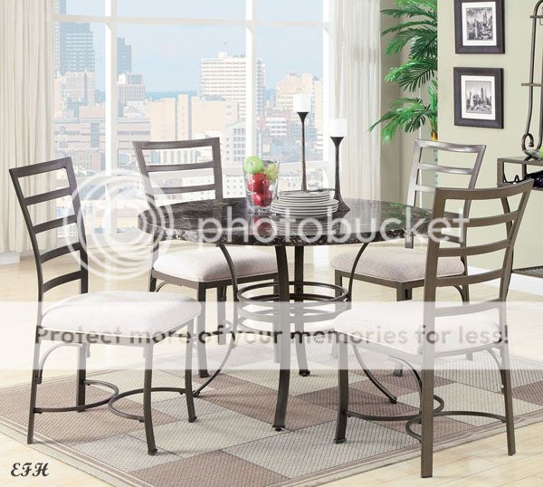 New 5pc Darlene Round Faux Marble Top Dark Gray Metal Dining Table Set