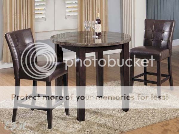 3PC ROUND MARBLE TOP WALNUT WOOD COUNTER PUB TABLE SET  