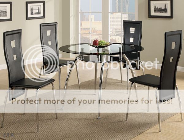 New 5pc Tulsa Contemporary Round Black Glass Chrome Metal Dining Table Set