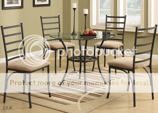 New 5pc Ansonia Round Glass Top Black Finish Metal Dining Table Set w Chairs