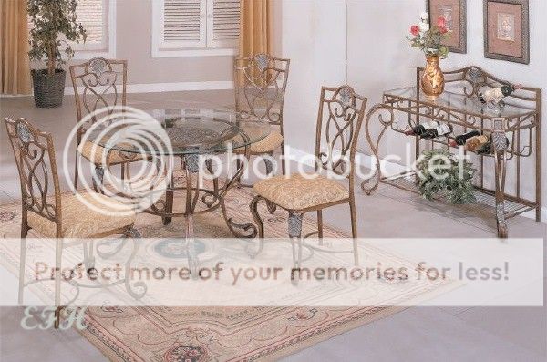 5pc Antique Gold Metal Round Glass Top Dining Table Set