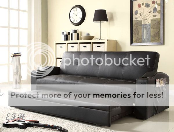 New Novak Black Bycast Leather Futon Sofa Bed Lounger w Trundle